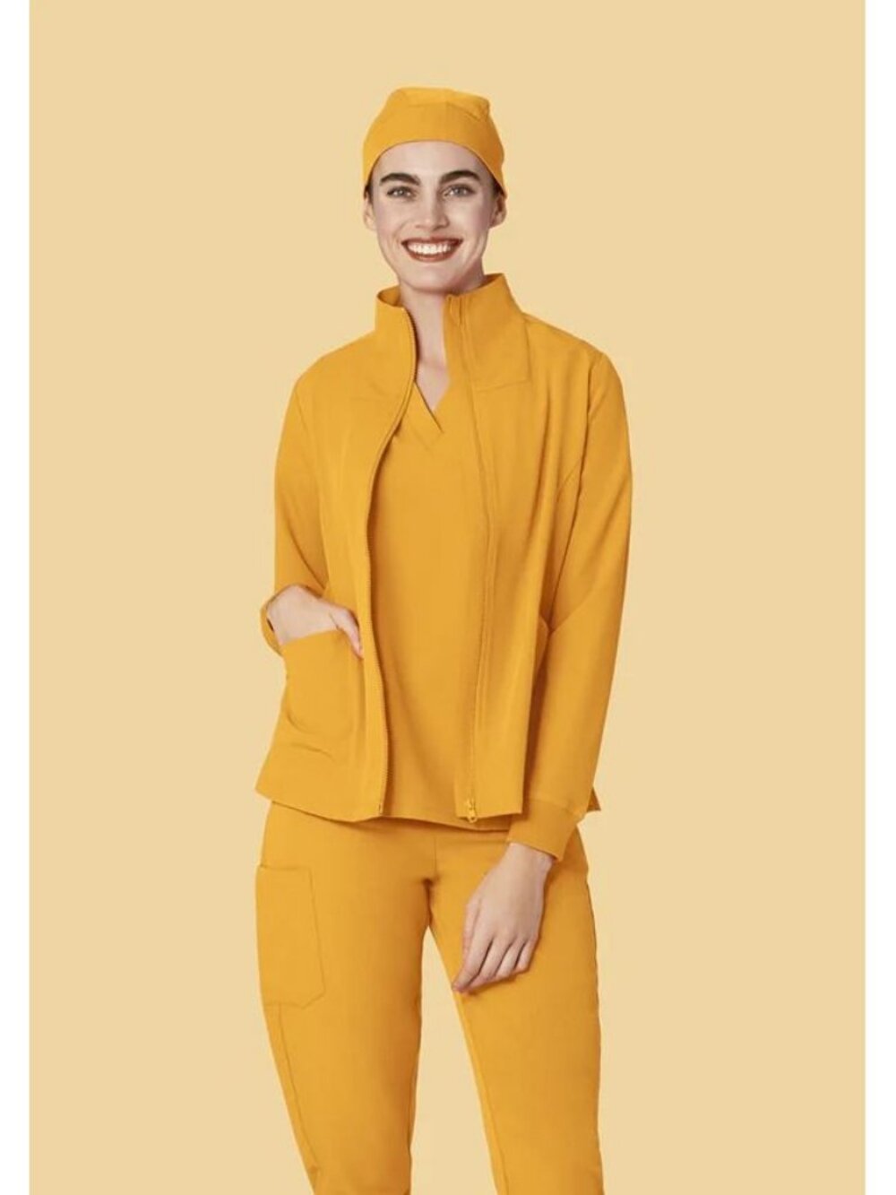 Mustard Yellow Medical Scrub Set with Zip Jacket and Cap